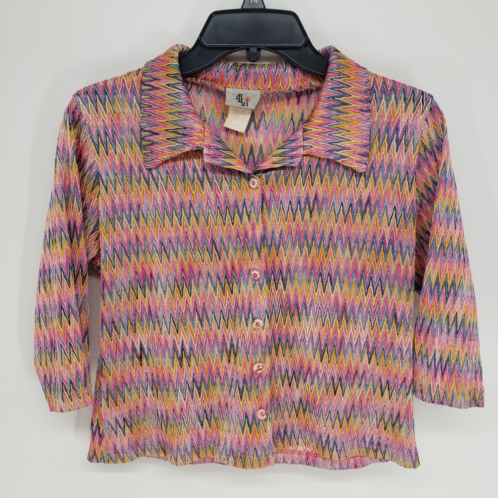 Vintage 90s Y2K Chevron Crop Top Womens Sz Medium Crochet Knit Button Down Shirt
